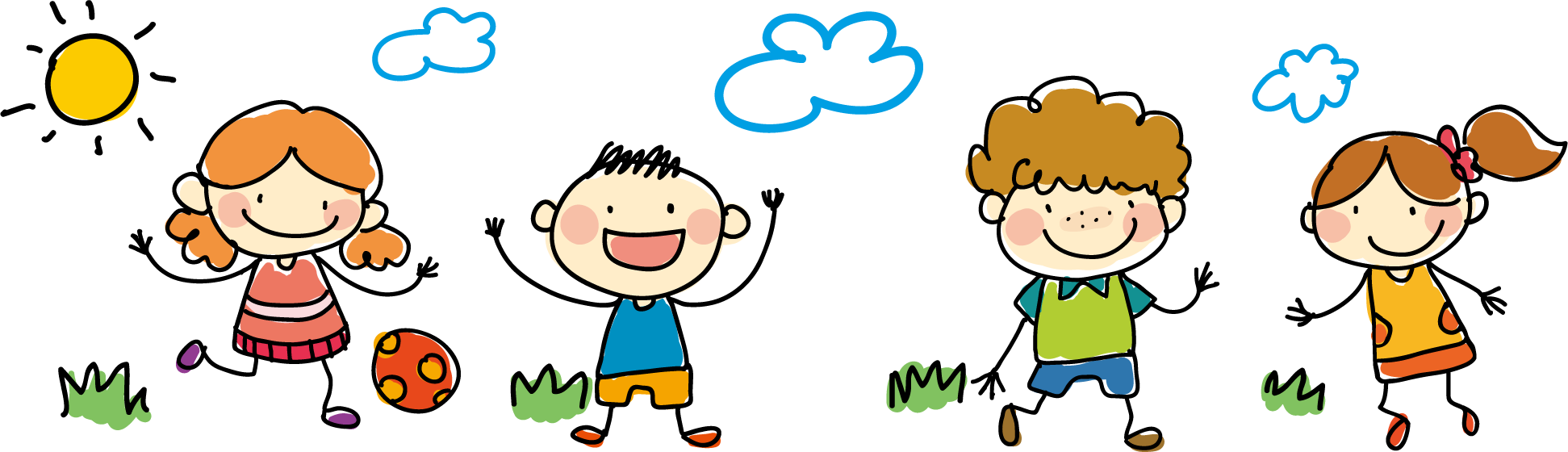 A cartoon sketch of two girls and two boys playing outside in the sun.