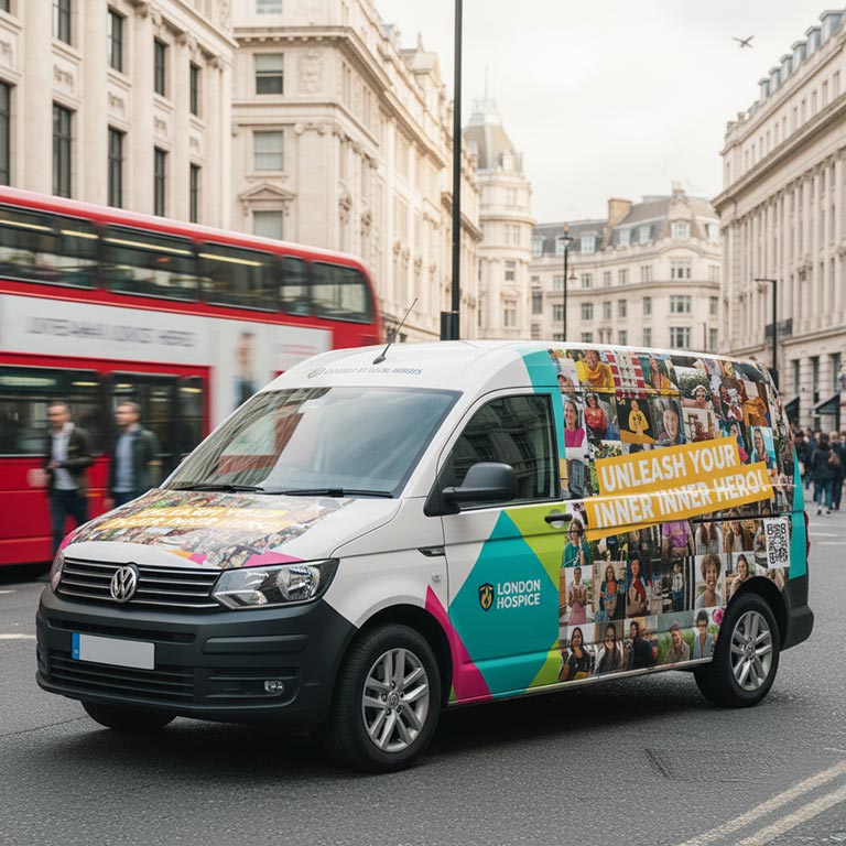 London Hospice Van Wrap A van driving through central London with a hospice wrap