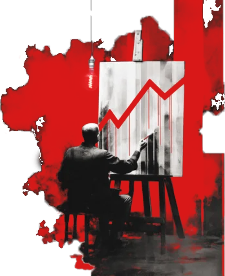 A male painter seating in front of a canvas painting a graph