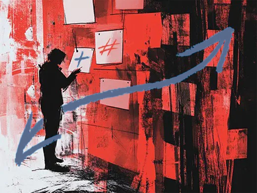 A stylised image of a man looking at ideas pinned to a wall.