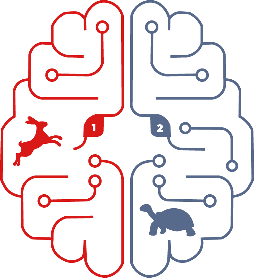 System 1 and 2 Red and Blue Circuit board style sketch showing systems 1 and 2 of the brain